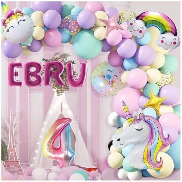 4 Harfli Yaş Seçenekli Gökkuşağı Konseptli Unicorn Temalı Makaron Balon Doğum Günü Parti Kutlama Seti