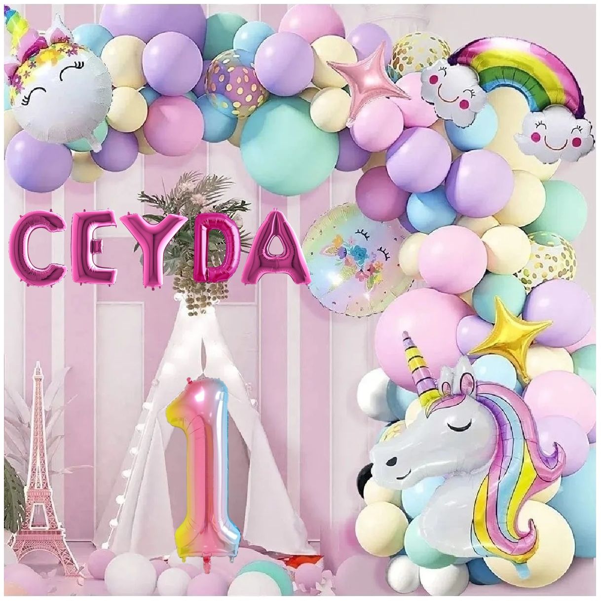 5 Harfli Yaş Seçenekli Gökkuşağı Konseptli Unicorn Temalı Makaron Balon Doğum Günü Parti Kutlama Seti