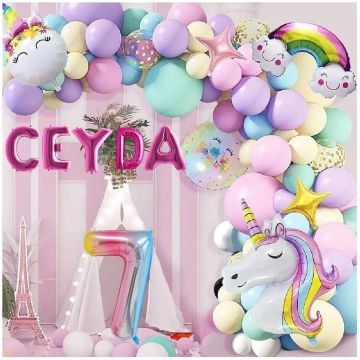 5 Harfli Yaş Seçenekli Gökkuşağı Konseptli Unicorn Temalı Makaron Balon Doğum Günü Parti Kutlama Seti