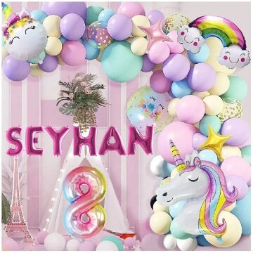 6 Harfli Yaş Seçenekli Gökkuşağı Konseptli Unicorn Temalı Makaron Balon Doğum Günü Parti Kutlama Seti