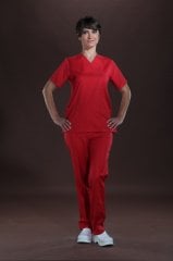 342  - Gabardin Kırmızı Takım Doktor Hemşire Forması