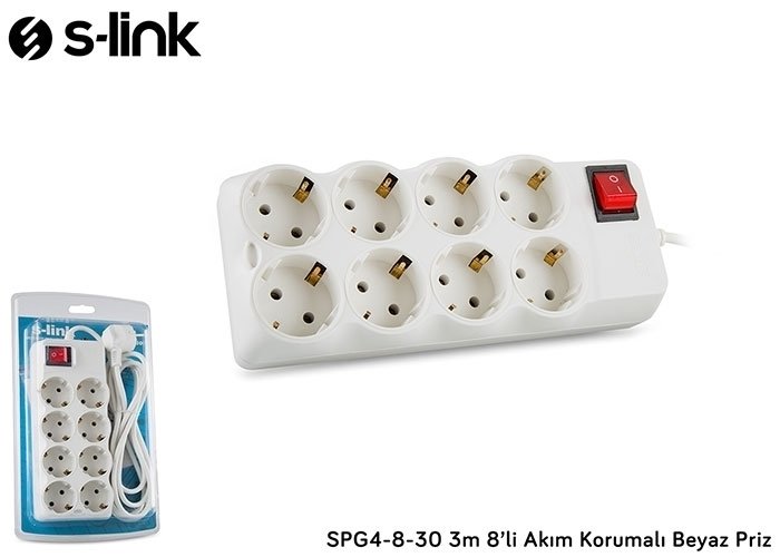S-LİNK SPG4-8-30 AKIM KORUMALI ANAHTARLI 8 Lİ PRİZ 3mt