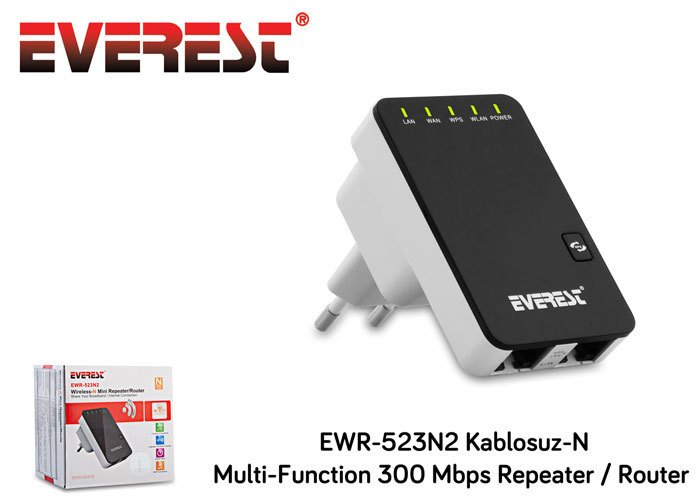 Everest EWR-523N2 Kablosuz-N Multi-Function 300 Mbps Repeater+Access Point+Bridge Siyah Client Router