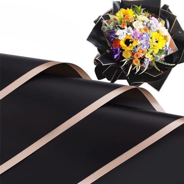 Çiçek Ambalaj Kağıdı - Siyah - Altın Kenarlı - Mat OPP 58x58 cm - 20 Adet