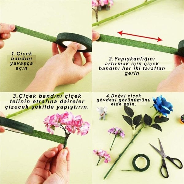5 Renk Yapışkanlı Çiçek Bandı Seti - 100 Adet Çiçek Teli 0.8 mm - Tel Kıvırma  Pensesi