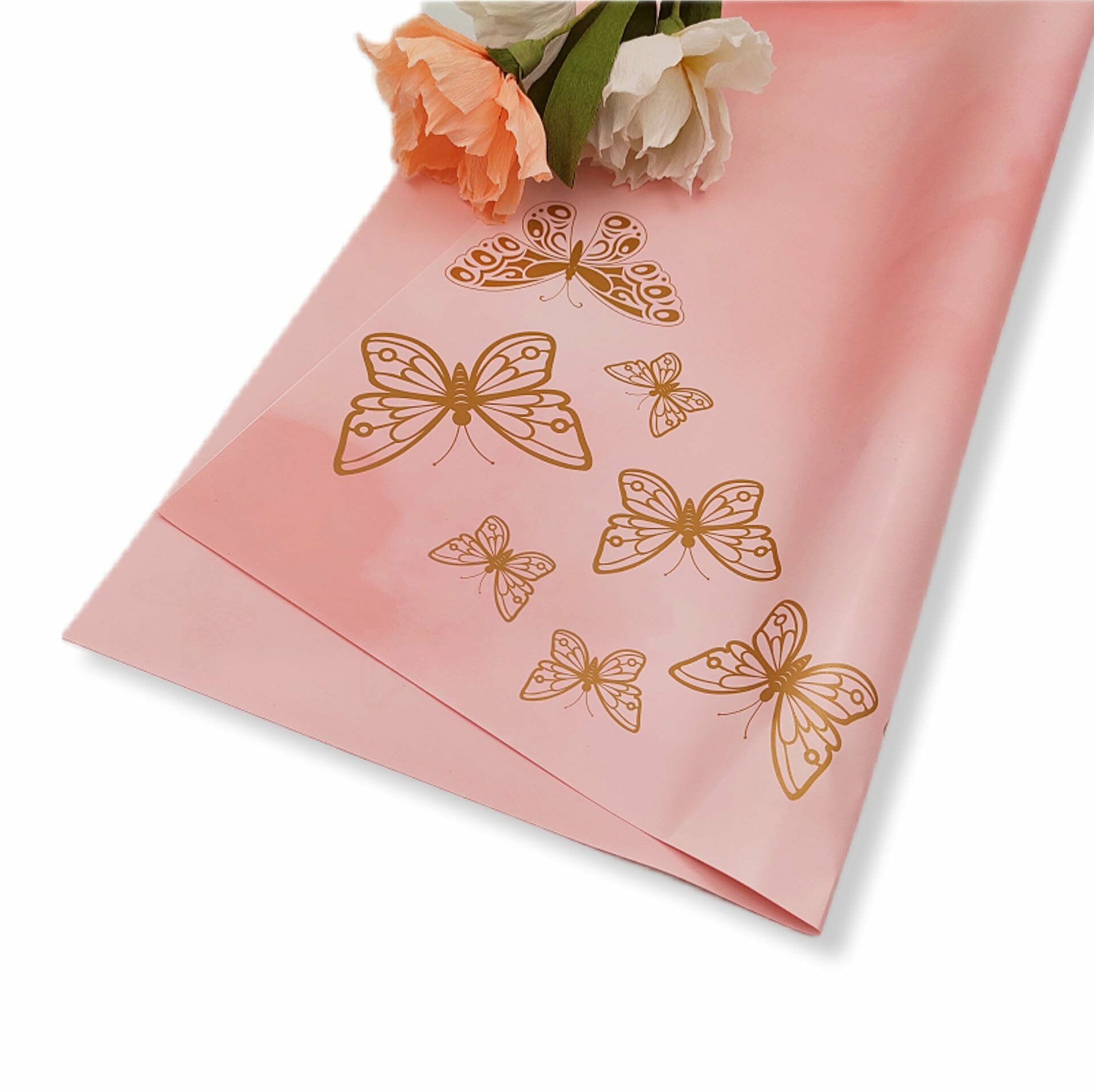 Çiçek Ambalaj Kağıdı - Pembe - Altın Kelebekli - Mat OPP 58x58 cm - 20 Adet