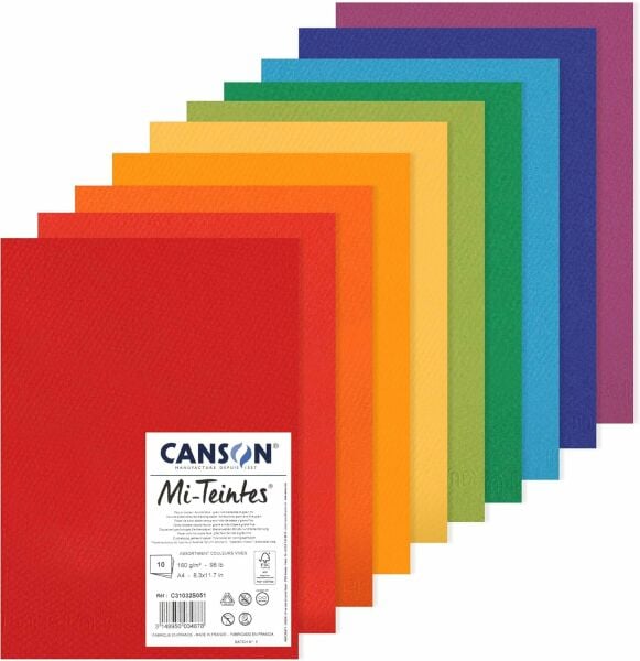 CANSON Mi-Teintes 160gr A4 Renkli Çizim Kağıt Çift Taraflı Petek ve İnce Taneli 10 Canlı Renkler