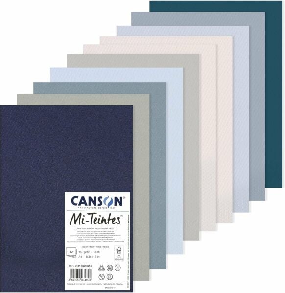 CANSON Mi-Teintes 160gr A4 Renkli Çizim Kağıt Çift Taraflı Petek ve İnce Taneli 10 Soğuk Renkler
