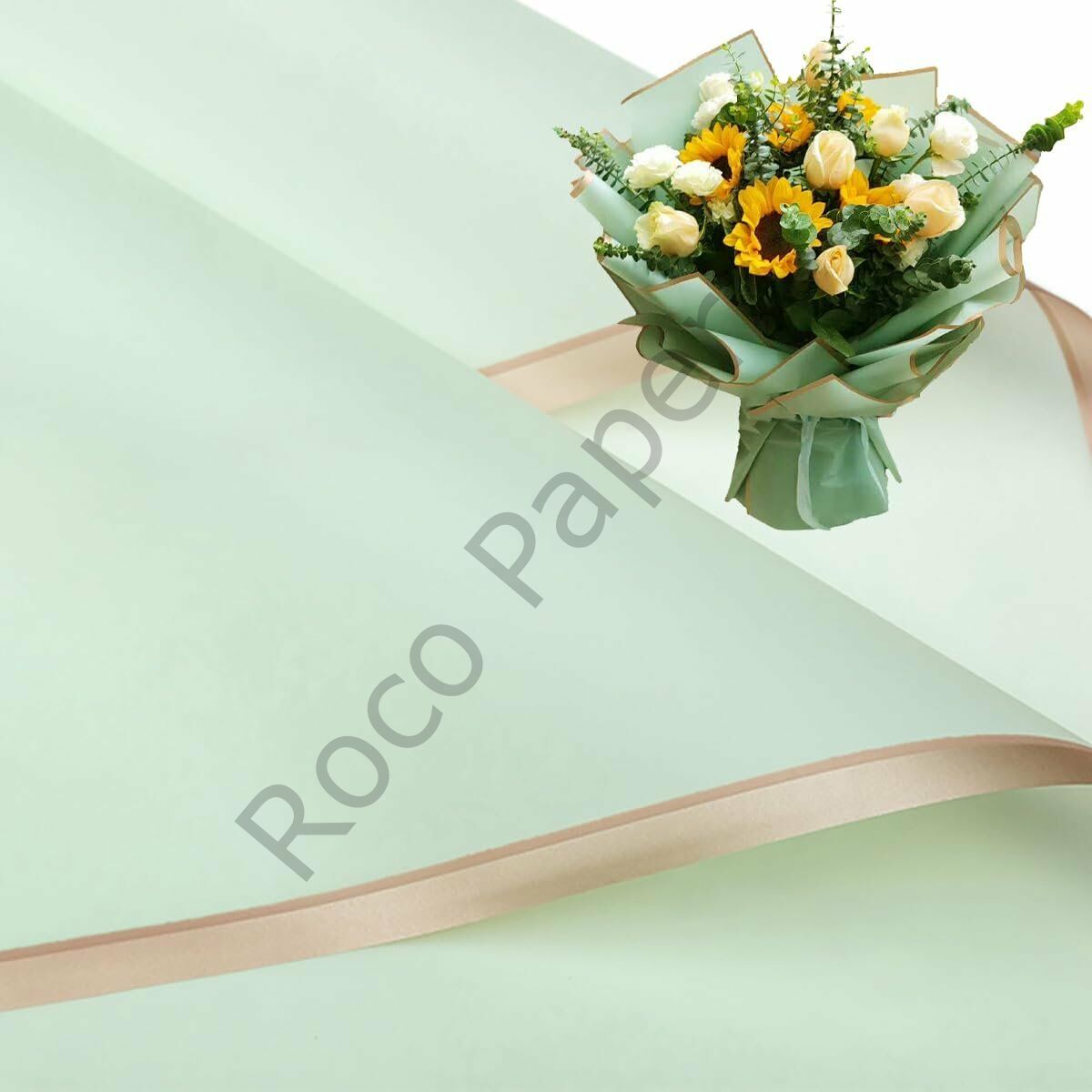 Çiçek Ambalaj Kağıdı - Nil Yeşili - Altın Kenarlı - Mat OPP 58x58 cm - 5 Adet