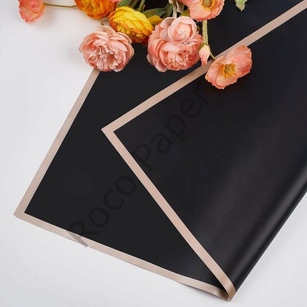 Çiçek Ambalaj Kağıdı - Siyah - Altın Kenarlı - Mat OPP 58x58 cm - 5 Adet