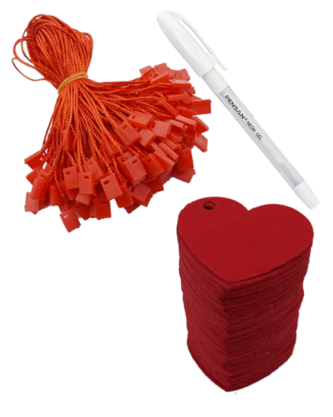 Kırmızı Kalp Kraft Etiket - Kilitli İp ve Beyaz Kalem -  101 Adet - 4x3 cm