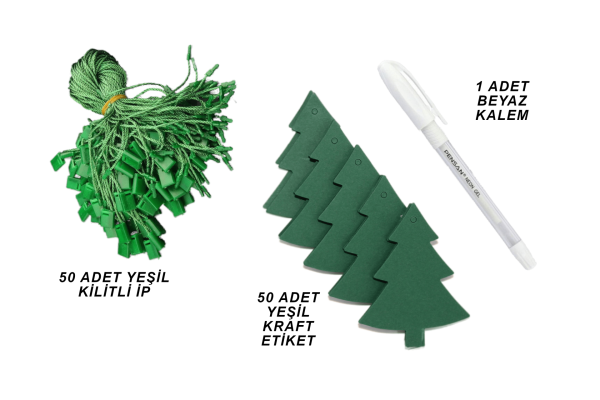 Delikli Kraft Etiket - Yılbaşı Çam Desenli Tebrik Etiketi - 101 Parça - Yeşil