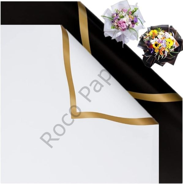 Çiçek Ambalaj Kağıdı - Siyah Beyaz - Altın Kenarlı - Mat OPP 58x58 cm - 10 Adet