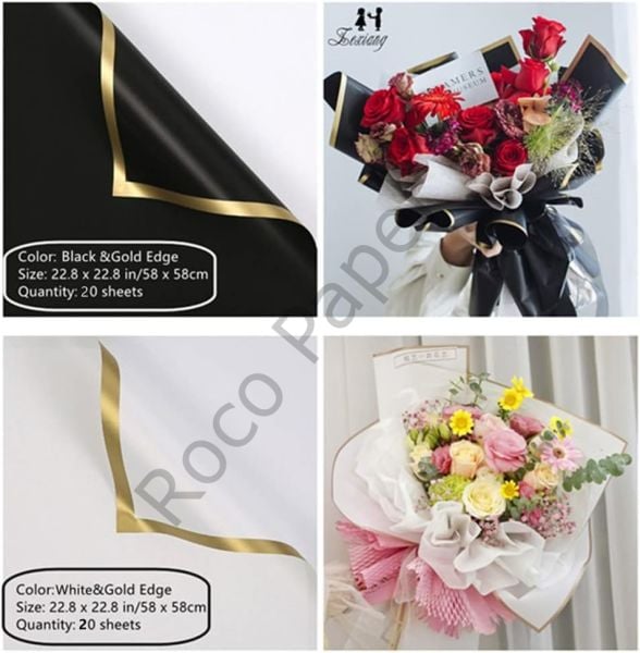Çiçek Ambalaj Kağıdı - Siyah Beyaz - Altın Kenarlı - Mat OPP 58x58 cm - 10 Adet