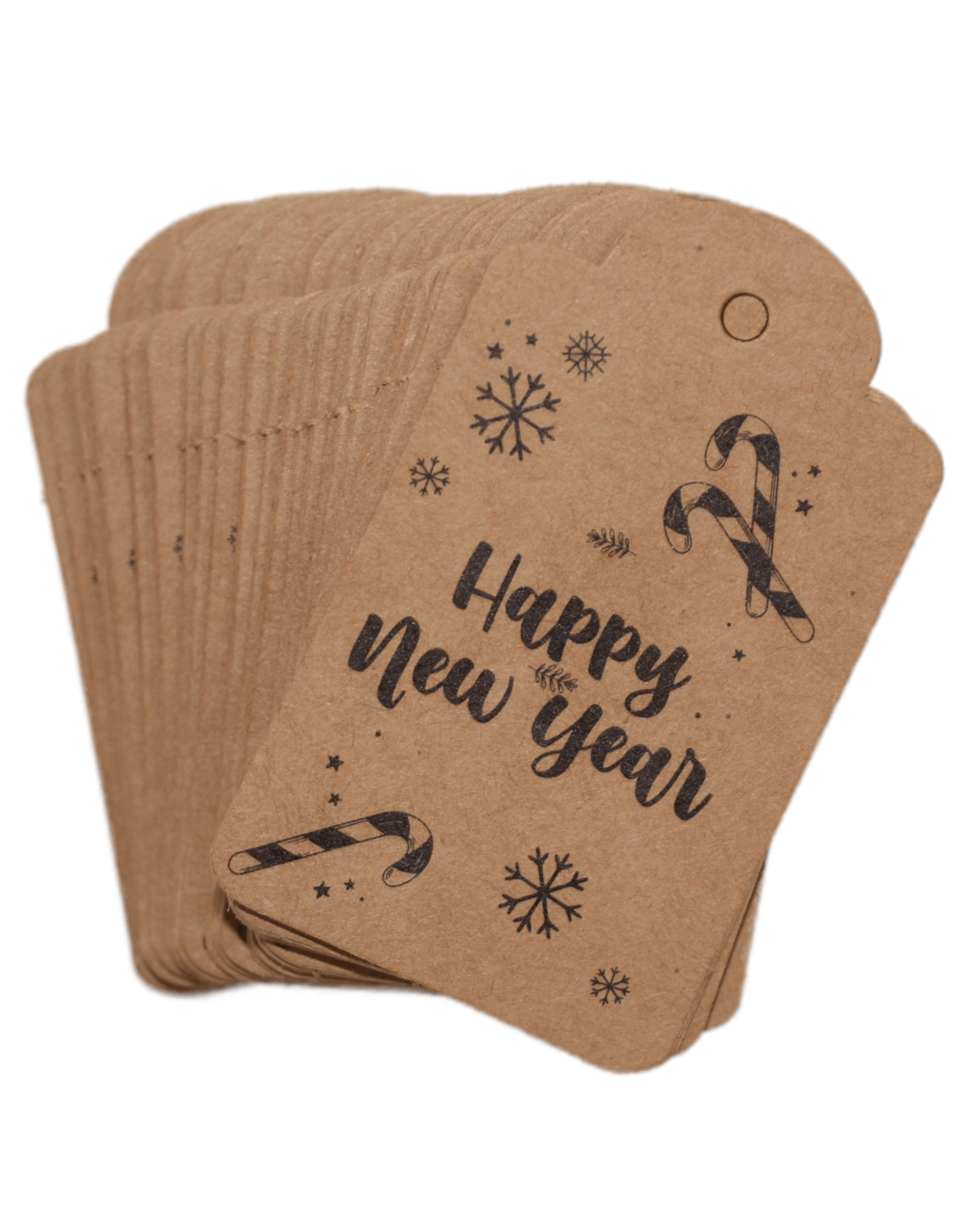 Yılbaşı Baskılı Kraft Etiket - 50 Adet - Happy New Year - Kubbe Etiket 4.5x7.5 cm I1