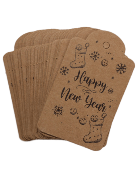 Yılbaşı Baskılı Kraft Etiket - 50 Adet - Happy New Year - Kubbe Etiket 4.5x7.5 cm I2