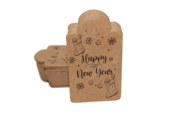 Yılbaşı Baskılı Kraft Etiket - 50 Adet - Happy New Year - Kubbe Etiket 4.5x7.5 cm I2