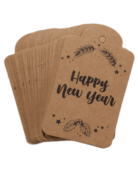 Yılbaşı Baskılı Kraft Etiket - 50 Adet - Happy New Year - Kubbe Etiket 4.5x7.5 cm I3