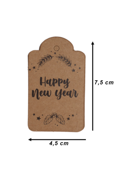 Yılbaşı Baskılı Kraft Etiket - 50 Adet - Happy New Year - Kubbe Etiket 4.5x7.5 cm I3