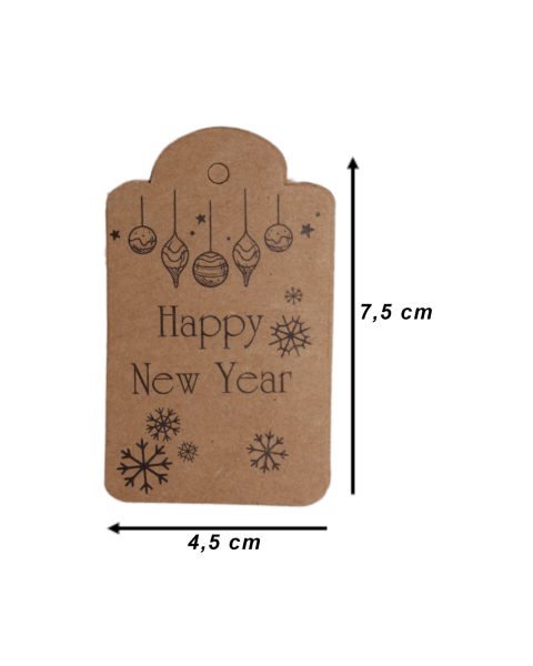 Yılbaşı Baskılı Kraft Etiket - 50 Adet - Happy New Year - Kubbe Etiket 4.5x7.5 cm I4