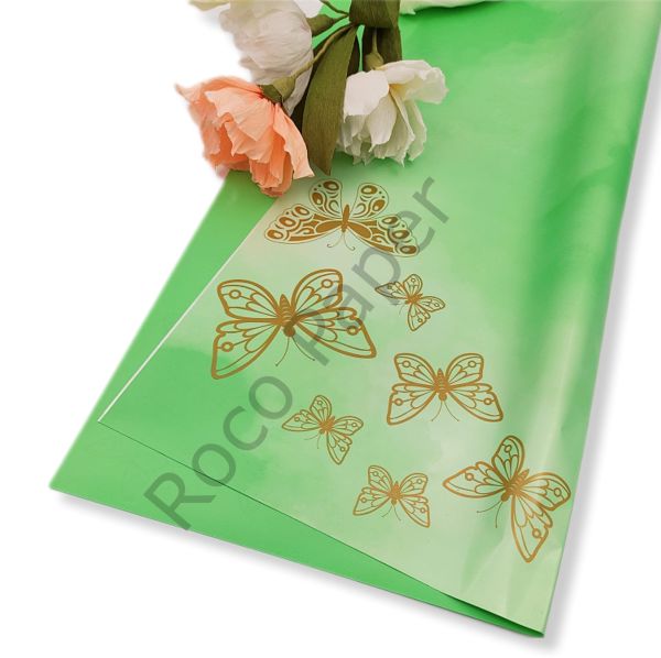 Çiçek Ambalaj Kağıdı - Yeşil - Altın Kelebekli - 5 Adet - Mat OPP 58x58 cm