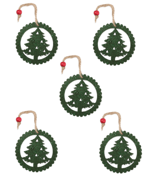 Yılbaşı Ağacı Süsleme Seti - Simli Keçe Hediye Paketi Süsü - 5 Adet 8 cm ÇÇ001 Yeşil Renk