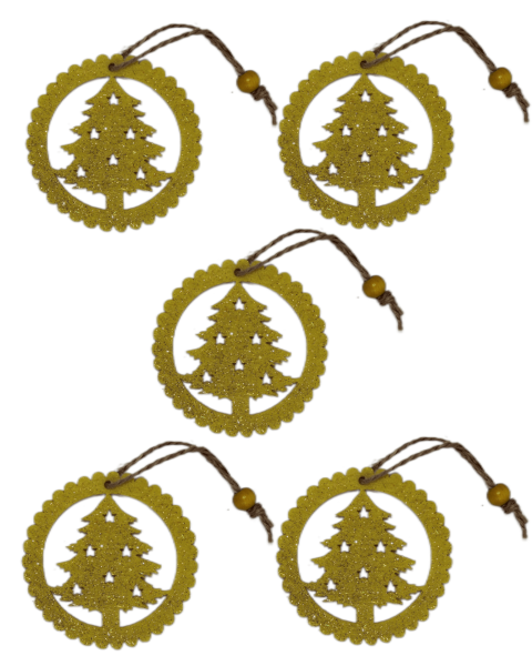 Yılbaşı Ağacı Süsleme Seti - Simli Keçe Hediye Paketi Süsü - 5 Adet 8 cm ÇÇ001 Sarı Renk