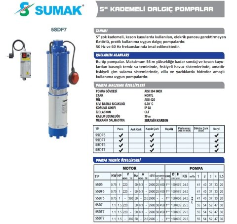 SUMAK 5SDF5 5'' 1 HP DALGIÇ POMPA