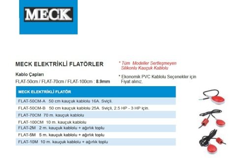 MECK FLAT-50CM-B  50 cm 25A. Sviçli, 2.5Hp-3Hp için  Elektrikli Kauçuk Kablolu Seviye Flatörü