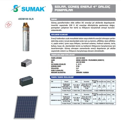 SUMAK  4SDM310 SLR   4'' PASLANMAZ DALGIÇ POMPALI SOLAR SULAMA SİSTEMİ