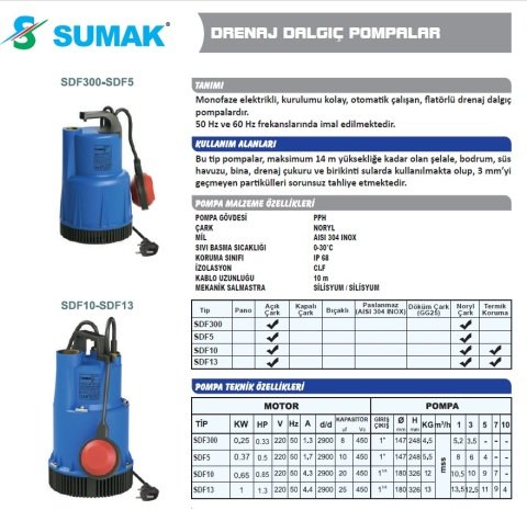 SUMAK SDF13  1.3hp 220v Plastik Gövdeli Drenaj Dalgıç Pompa