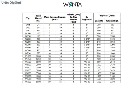 Wenta WE-1000  1000 Litre  10 Bar  Dikey Ayaklı  Tip Hidrofor ve Genleşme Tankı-Manometreli