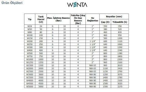 Wenta WE-2000  2000 Litre  10 Bar  Dikey Ayaklı  Tip Hidrofor ve Genleşme Tankı-Manometreli