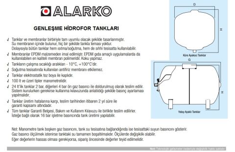 Alarko KGT 60Y  60 Litre  10 Bar  Yatık Kapalı Tip Hidrofor ve Genleşme Tankı