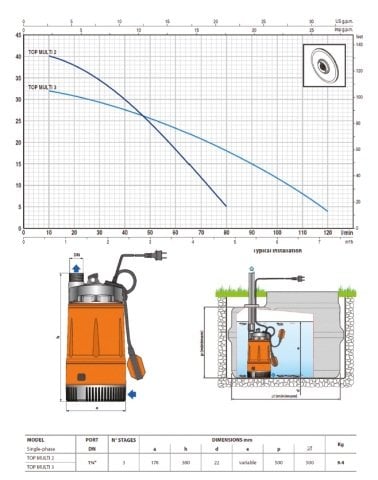 PEDROLLO TOP MULTI 2 220V 0.75HP Yüksek Basınçlı Keson Kuyu Dalgıç Pompa