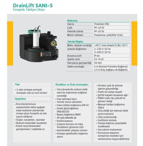 WİLO Drainlift SANI-S  S.11M/1   0.75kW 220V  ENTEGRE POMPALI KOMPAKT FOSEPTİK ATIK SU TAHLİYE CİHAZI (TERFİ ÜNİTESİ)