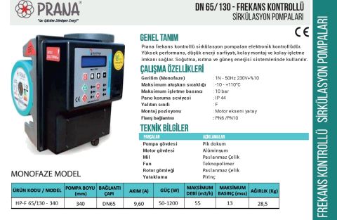 Prana HP-F 65/130-340    DN 65  220V  Frekans Kontrollü Flanşlı Sirkülasyon Pompa