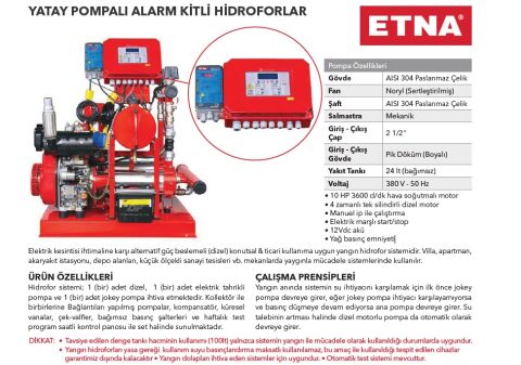 Etna Y2KO 15/6-40+D10     5.5 Hp Elektrikli- 10Hp Dizel 380V  Yatay Pompalı Alarm Kitli Yangın Hidroforu (Dizel + Elektrikli)