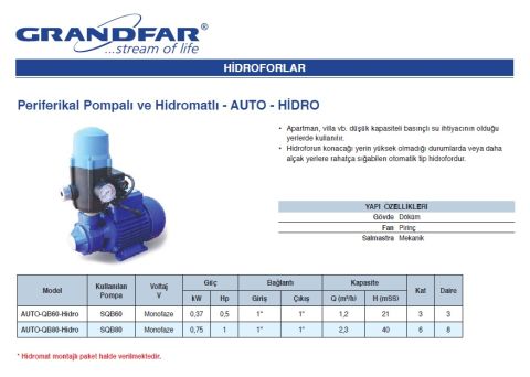 Grandfar AUTO-QB60-Hidro  0.5Hp 220V Preferikal Pompalı ve Hidromatlı Paket Hidrofor