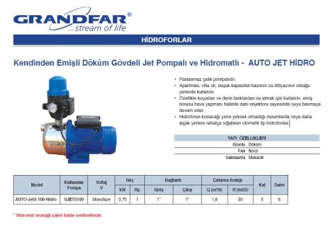 Grandfar AUTO-JetS 100-Hidro  1Hp 220V Paslanmaz Çelik Pompalı ve Hidromatlı Paket Hidrofor