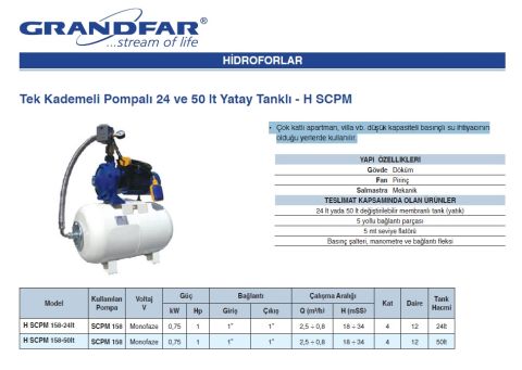 Grandfar H SCPM 158-24lt 1Hp 220V Tek Kademeli Pompalı ve 24 Litre Yatay Tanklı Döküm Gövdeli Paket Hidrofor