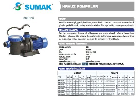 SUMAK SMH120 1.2Hp 380v Ön Filitreli Havuz Pompası