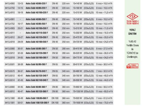 Astra Gold 40/80-250 F  DN 40 Frekans Kontrollü Sabit Mıknatıslı Flanşlı Tip Sirkülasyon Pompası