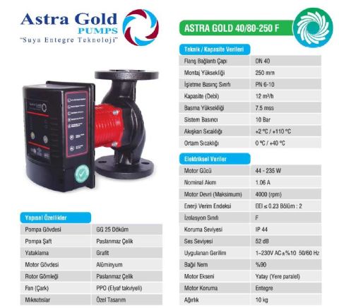 Astra Gold 40/80-250 F  DN 40 Frekans Kontrollü Sabit Mıknatıslı Flanşlı Tip Sirkülasyon Pompası