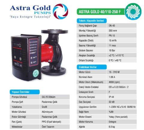 Astra Gold 40/110-250 F  DN 40 Frekans Kontrollü Sabit Mıknatıslı Flanşlı Tip Sirkülasyon Pompası