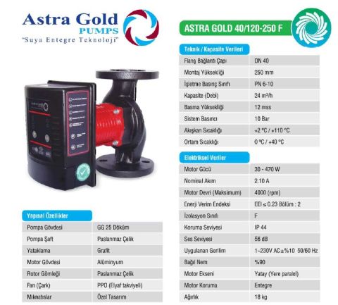 Astra Gold 40/120-250 F  DN 40 Frekans Kontrollü Sabit Mıknatıslı Flanşlı Tip Sirkülasyon Pompası
