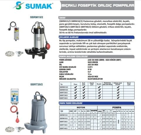 SUMAK SBRT 40/2 P 4Hp 380v Bıçaklı Foseptik Dalgıç Pompa (parçalayıcılı)
