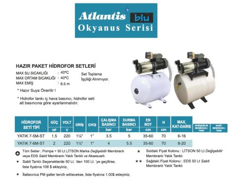 Atlantis Blu YATIK 7-6M-ST    2Hp 220V   Değişebilir Membranlı Tank Hazır Paket Hidrofor  - 50 Litre tanklı