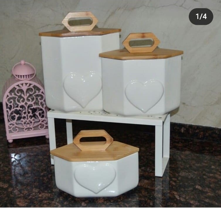 KALP DETAY BAMBU KAPAK 3'LÜ PORSELEN KAVANOZ