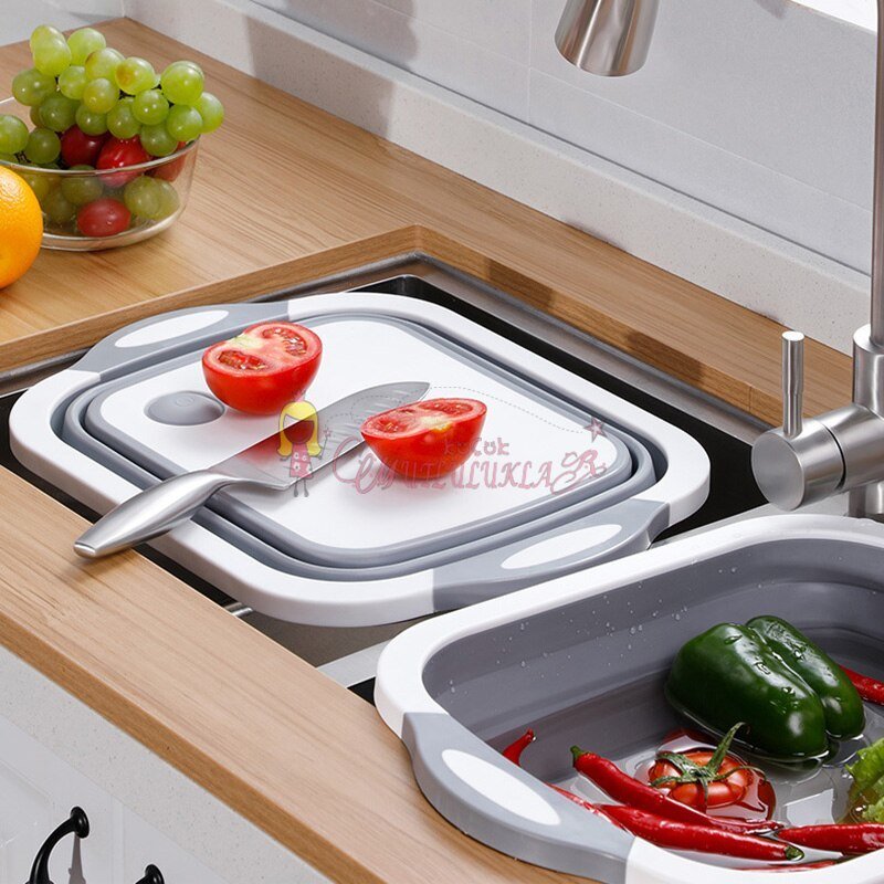 Çok Amaçlı Katlanabilir Kesme Tahtası ve Sepet Süzgeç Pratik Kova